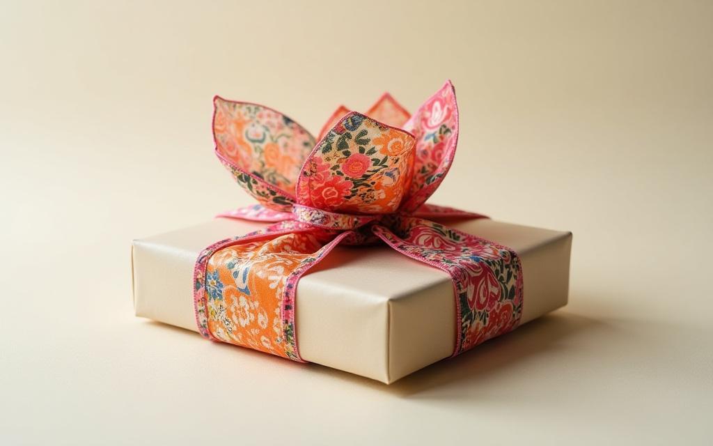 鮮やかな柄の布を使った風呂敷の包み方でエレガントにラッピングされた贈り物